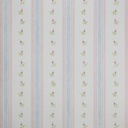 Papel de parede, listras decoradas com flores, azul, rosa e branco 